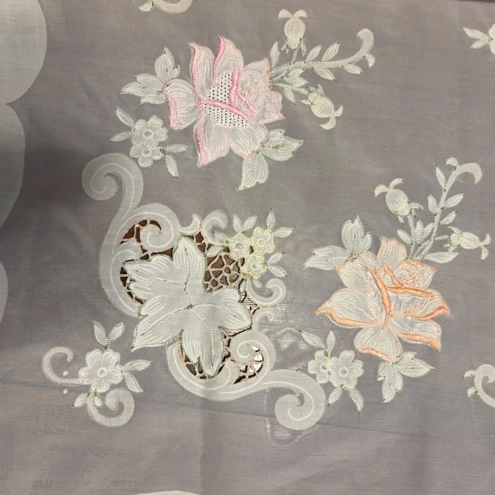 Vintage White Floral Embroidered Scalloped Sheer Tier and Valance Curtain Set